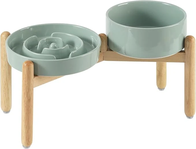 Refined Ceramic Raised Slow Feeder Dog Bowl Set d 7.3inch Bowl and 8.2inch Puzzle Slow Dish with Wooden Stand for Medium and Large Dog Anti-Gulping 2X Light Green Stand About ThisOverview First-Class