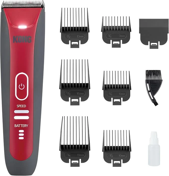 Pure Kong 2-Speed Cordless-Corded Dog Clipper Kit – Stainless Steel Blade Waterproof LED Spotlight Use-While-Charging 6 Guide Combs Ergonomic Handle – Red Gray Medium Coat TypesAbout ThisOverview Traditional