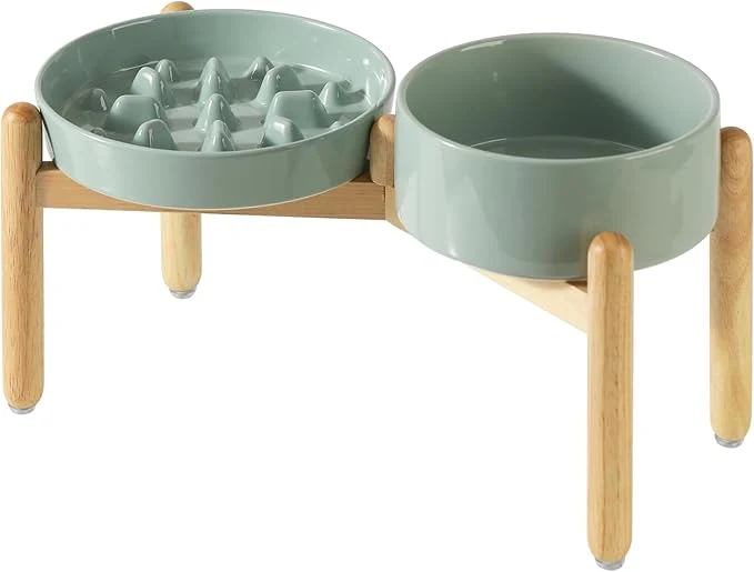 Healthy Ceramic 3.2 Cup Raised Slow Feeder Dog Bowl Set d 8.2inch Bowl and 9.5inch Slow Pet Food Dish with Wooden Stand for Large Dog 2 x Light Green Stand Overview Excellent