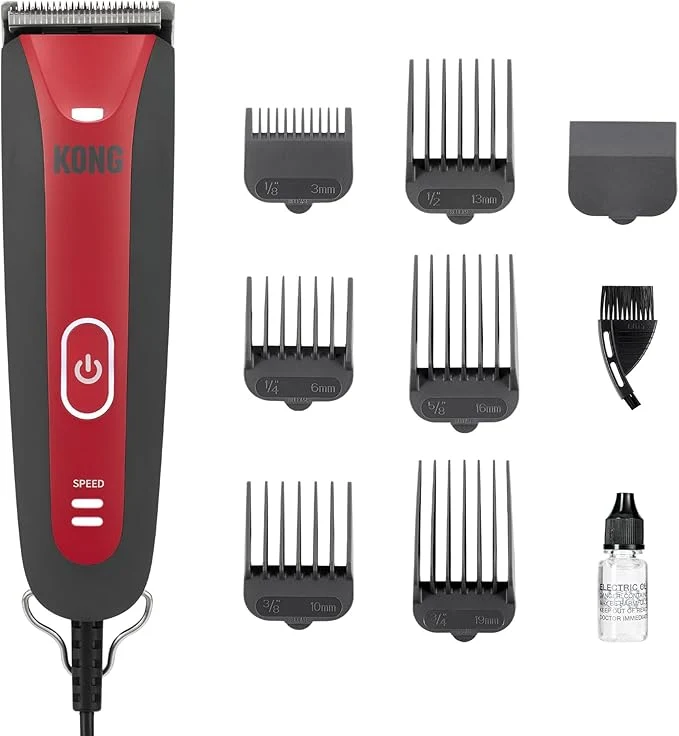 Pure Kong 2-Speed Dog Clipper Grooming Kit – Stainless Steel Blade Waterproof LED Spotlight 6 Guide Combs 8-Foot Cord Ergonomic Handle – Red Gray Medium Coat TypesAbout ThisOverview Minimalist