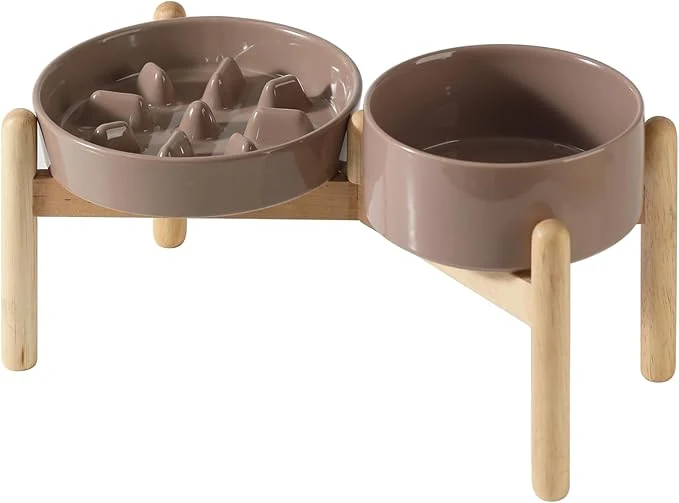 Superior Ceramic 1.2 Cup Raised Slow Feeder Dog Bowl Set d 6.1inch Bowl and 7.3inch Slow Pet Food Dish with Wooden Stand for Small and Medium Dog 2 x Brown Coffee Stand About ThisOverview Exceptional