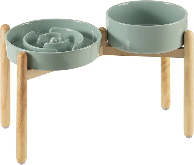 Innovative 3.2 Cup Ceramic Raised Slow Feeder Dog Bowl Set d 8.2inch Bowl and 9.5inch Puzzle Slow Food Dish with Wooden Stand for Large Dog Anti-Gulping 2 x Light Green Stand Overview Reusable