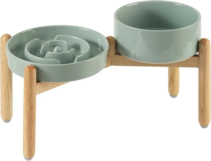 Elite Ceramic 1.2 Cup Raised Slow Feeder Dog Bowl Set d 6.1inch Bowl and 7.3inch Puzzle Slow Food Dish with Wooden Stand for Medium and Small Dog Anti-Gulping 2 x Light Green Stand About ThisOverview Environmentally Friendly