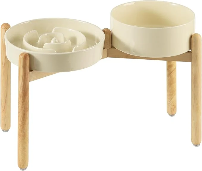 Fine 3.2 Cup Ceramic Raised Slow Feeder Dog Bowl Set d 8.2inch Bowl and 9.5inch Puzzle Slow Food Dish with Wooden Stand for Large Dog Anti-Gulping 2 xLight Yellow Stand Overview Quality