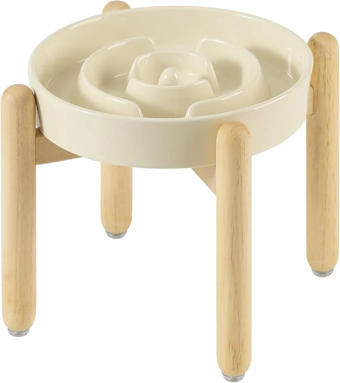 Elegant Ceramic 1.6 Cup Raised Slow Feeder Dog Bowl Set d Wooden Stand for Medium and Large Dog 8.2inch Puzzle Slow Dish Anti-Gulping Light Yellow Single Bowl Stand About ThisOverview Authentic