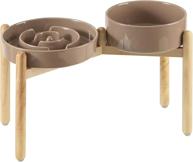 Reliable 3.2 Cup Ceramic Raised Slow Feeder Dog Bowl Set d 8.2inch Bowl and 9.5inch Puzzle Slow Food Dish with Wooden Stand for Large Dog Anti-Gulping 2 x Brown Coffee Stand Overview Comfortable