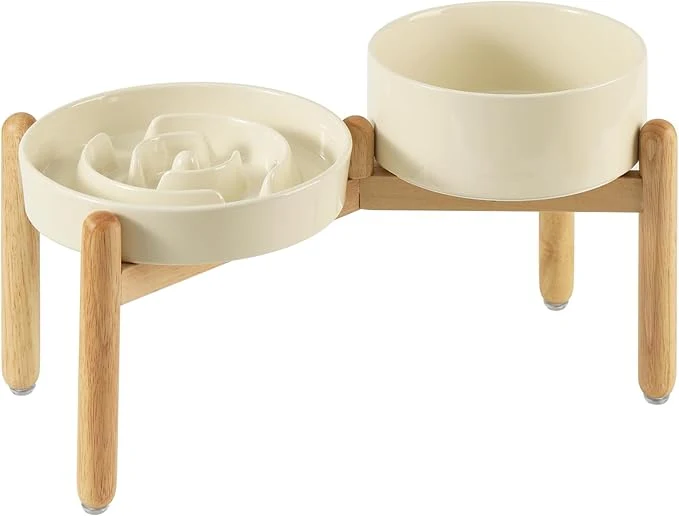 Durable Ceramic Raised Slow Feeder Dog Bowl Set d 7.3inch Bowl and 8.2inch Puzzle Slow Dish with Wooden Stand for Medium and Large Dog Anti-Gulping 2X Light Yellow Stand About ThisOverview Responsible
