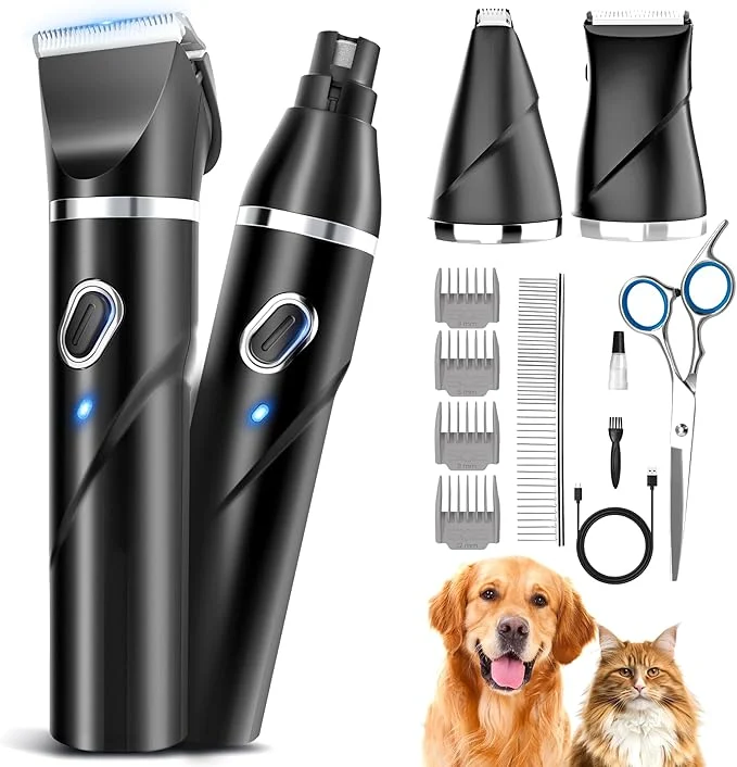 Soft 4 in 1 Dog Grooming Kit for Thick Hair 2000mAh Heavy Duty Dog Clippers for Grooming 2-Speed Low Noise Paw Trimmer with Nail Grinder for Body Paws Nail Face Ears Legs Secure