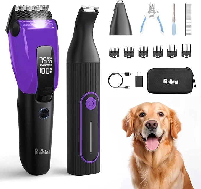 Certified Dog Cat Grooming Kit for Thick Coats Heavy Duty Rechargeable Trimmer with LED Display Storage Bag Purple 2 in 1 Functional