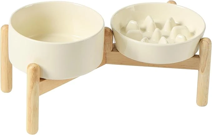 Lightweight Ceramic 0.9 Cup Raised Slow Feeder Dog Bowl Set d 6.1inch Slow Dish and 6.1inch Water Bowl with Wooden Stand for Small Dogs 2 x Light Yellow Stand About ThisOverview Elite