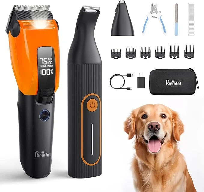 Authentic Dog Cat Grooming Kit for Thick Coats Heavy Duty Rechargeable Trimmer with LED Display Storage Bag Orange 2 in 1 First-Class