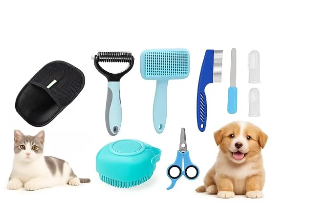 9-in-1 Pet Grooming Kit Self-Cleaning Slicker Brush Deshedding Rake Lint Remover Nail Clipper More Complete Cats Dog Care Set. Sophisticated