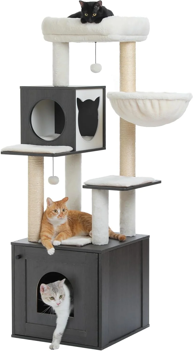 Safe Tall Cat Tree with Litter Box Enclosure 57.5 Wooden Cat Tower for Large Cats with Cat Hammock House Bed Pure Black Top-Quality
