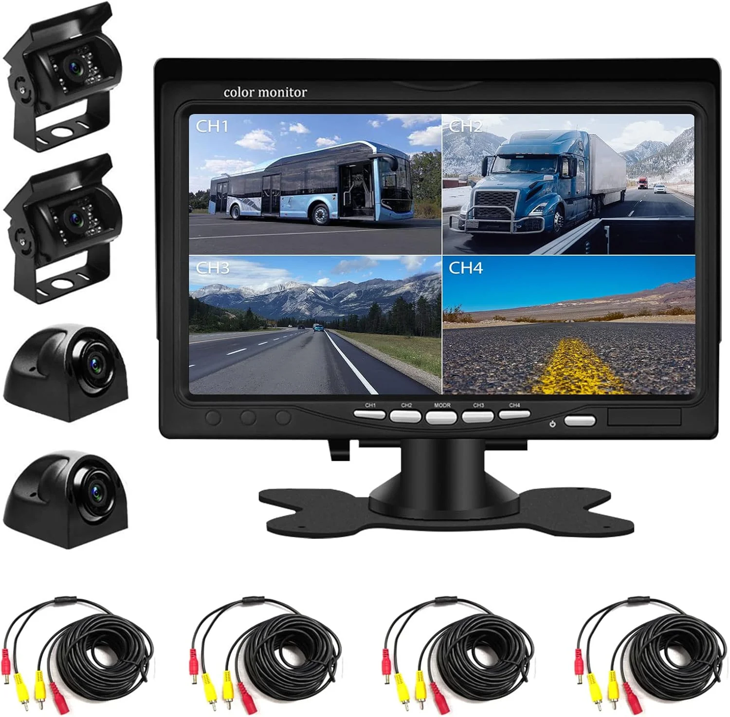 Original Backup Camera Kit 7 inch 4-Spilt Monitor Rear View Cameras with IP 67 Waterproof 18 IR Night Vision Car Camera for Tucks R Trailers Bus Vans 4pcs 10m 393.7inch Cables Exclusive