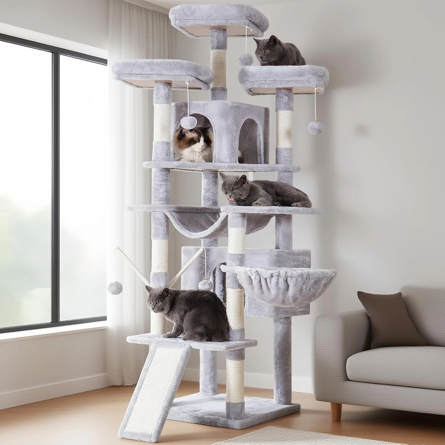 Prestigious Hey-brother Cat Tree 71 inches XL Large Cat Tower for Indoor Cats Multi-Level Cat House with 3 Padded Perches Big Scratcher Cozy Basket 2 Cat Condos and Scratching Posts Light Gray MPJ034W Environmentally Friendly