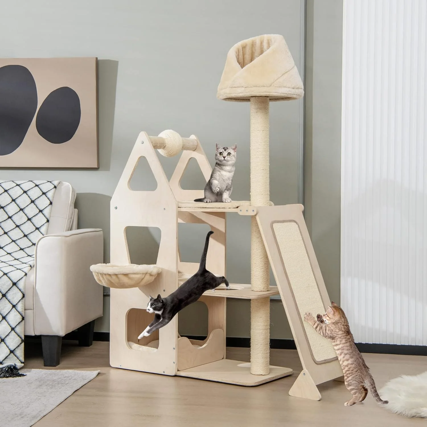 High-Quality Tangkula Modern Wood Cat Tree for Indoor Cats 64 Inch Multi-Level Tall Cat Tree with Scratching Rotatable Ball Posts Sisal Ramp Hanging Basket Large Cat Tower with Plush Perch Washable Mats Fine Crafted