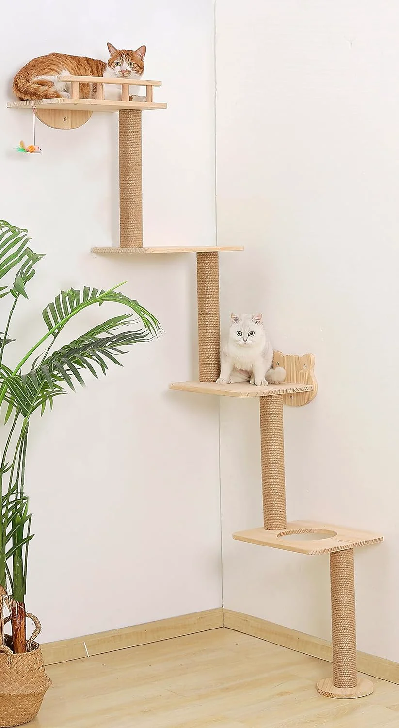 Practical Cat Tree Wall Mounted with 4 Levels Shelves 73 Wood Corner Tower Inside Kitten Playground for Climbing Playing and Lounging Right to Left Clean