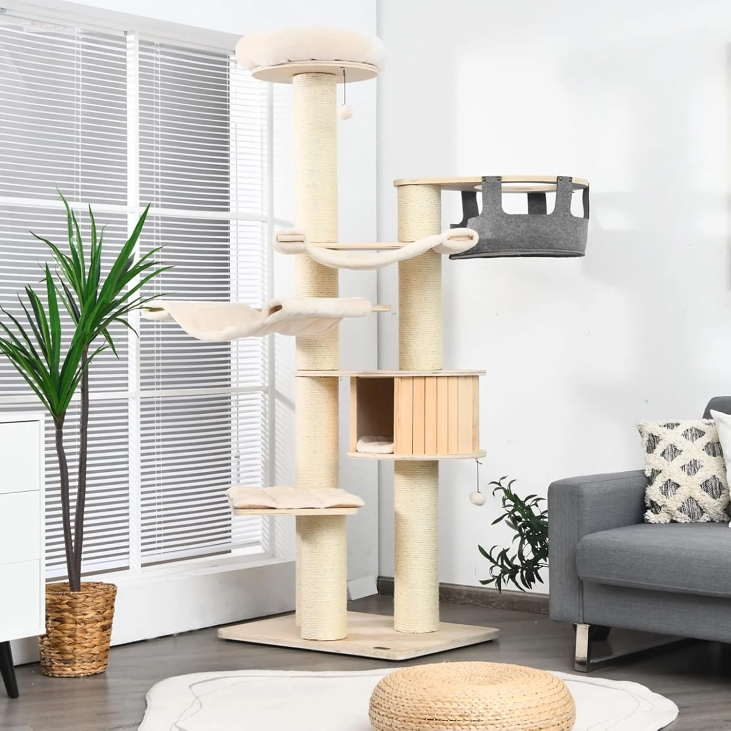 Solid PETSITE 77.5 Tall Cat Tree Multi-Level Modern Cat Tower with Sisal Scratching Posts Top Perch Cat Condo Hammocks Hanging Basket and Jingling Balls Cat Tree Tower for Indoor Cats Large Adult Organic