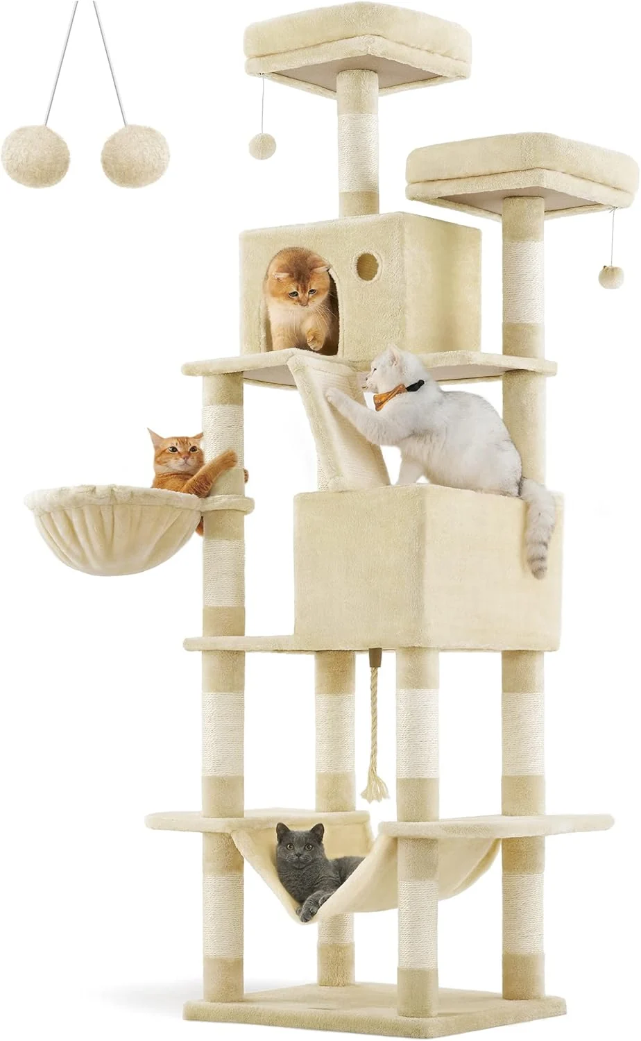 Quality Feandrea Cat Tree 81.1-Inch Large Cat Tower with 13 Scratching Posts 2 Perches 2 Caves Basket Hammock Pompoms Multi-Level Plush Cat Condo for Indoor Cats Beige UPCT190M01 Luxury