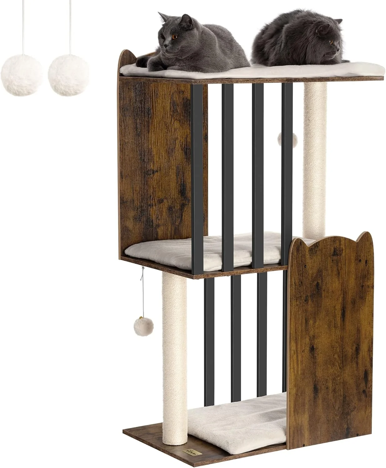 Sophisticated FourFurPets 43.8in 3-Tier Modern Cat Tree Tower Condo Cat Scratch Posts for Indoor Cats Big Plate Two 19.7in Full Sisal Scratching Posts Rustic Brown Certified