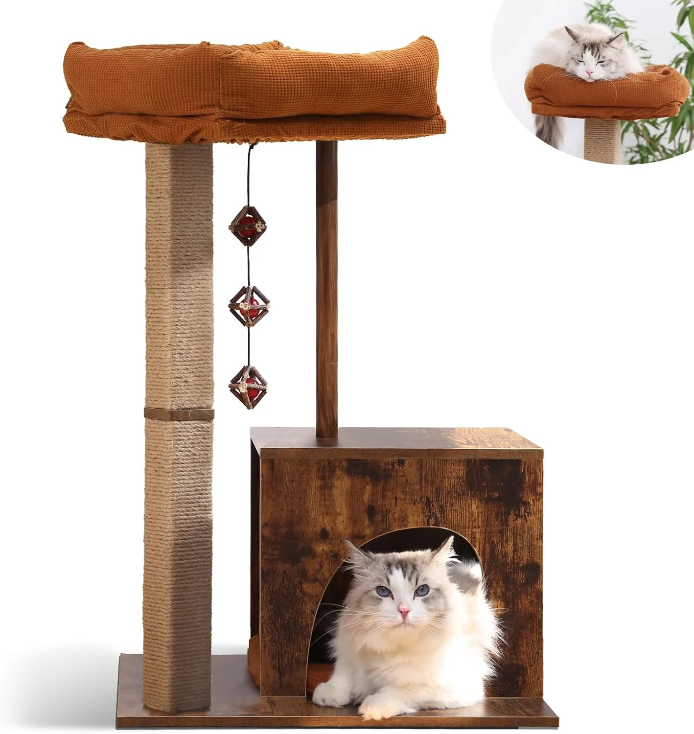 Versatile FUKUMARU Cat Scratching Post Modern Style Cat Tree with Unique Square Post Wooden Cat Tower with silvervine Balls Retro Cat Condo Scratcher for Indoor Cats（Solid Wood） Durable