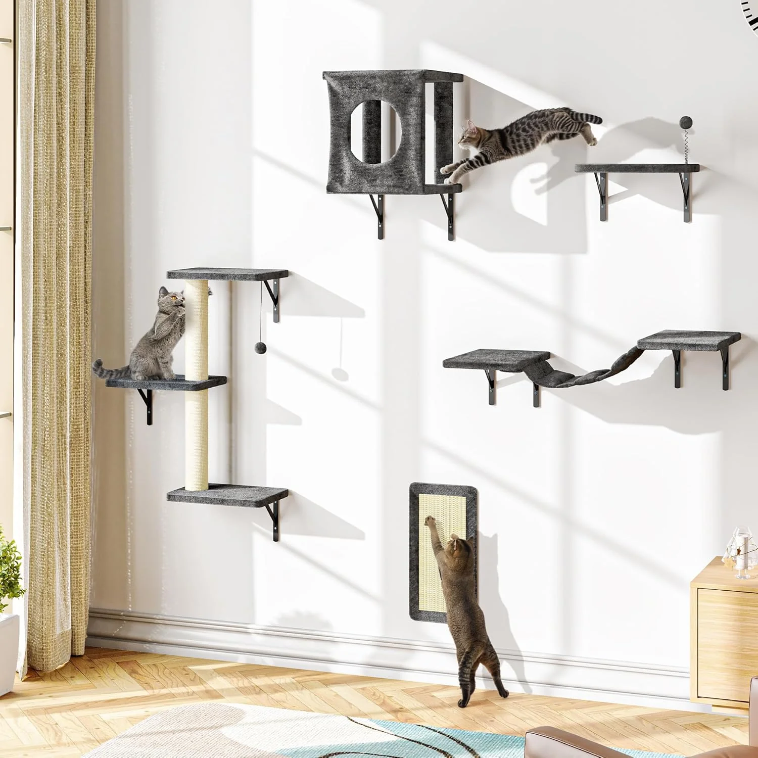 Elite NUNU LAB Cat Wall Shelves Set 5 Pcs Wall-Mounted Cat Climber with Cat House Bridge Scratching Post Hammock Wall Shelves Gray Reusable