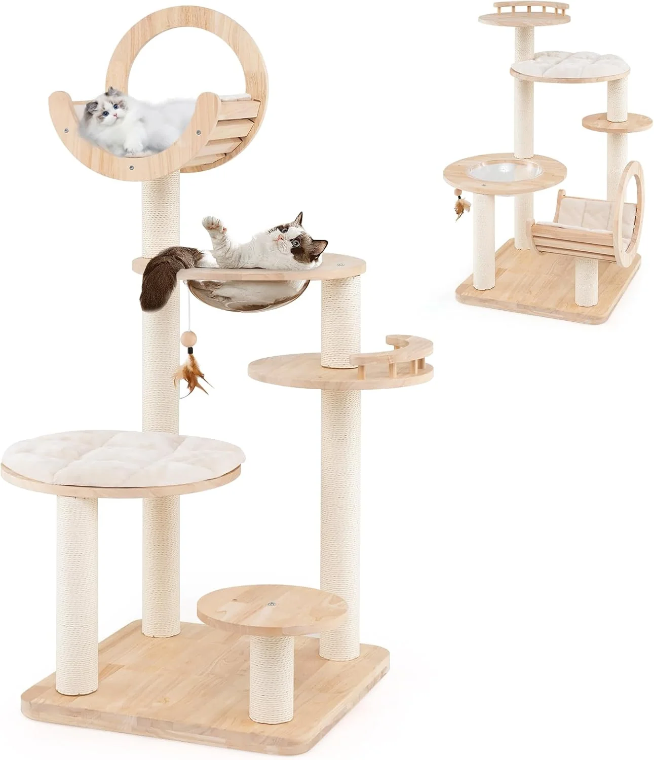 Exclusive Tangkula Solid Wood Cat Tree 4-in-1 Building Block Large Cat Tower with Space Capsule Nest Scratching Posts Padded Platform Hanging Toy Cat Tree Tower with 4 ations for Indoor Cats Versatile