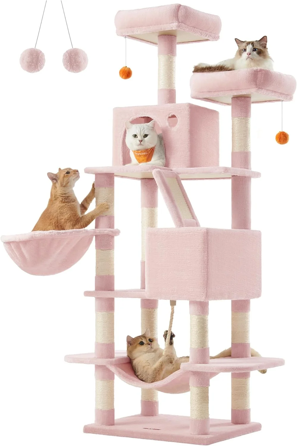 Long-Lasting Feandrea Cat Tree 66.1-Inch Large Cat Tower with 13 Scratching Posts 2 Perches 2 Caves Basket Hammock Pompoms Multi-Level Plush Cat Condo for Indoor Cats Jelly Pink UPCT165P01 Quality