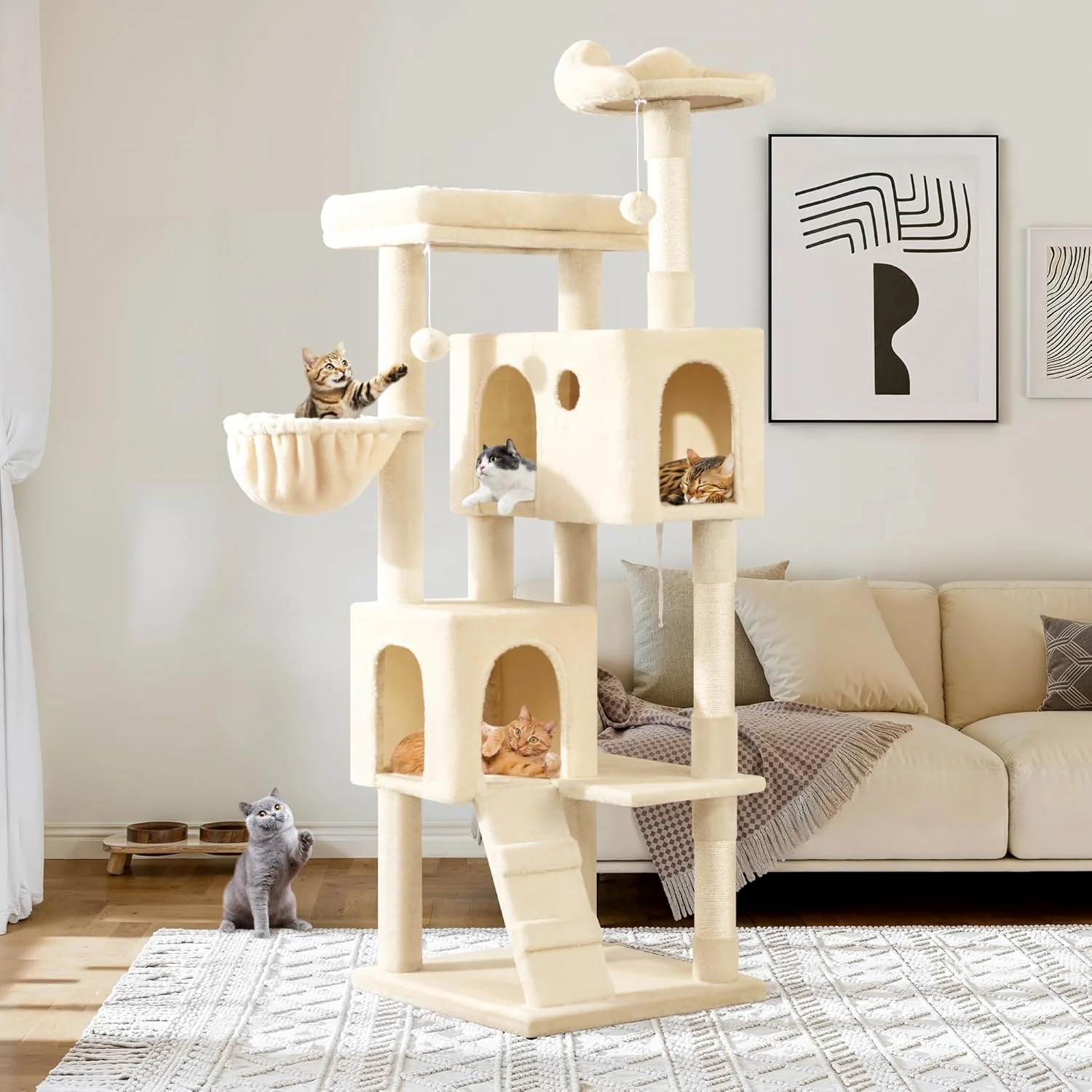 First-Class Allewie 64 Inches Cat Tree Tower Multi-Level Activity Center for Indoor Big Felines 2 Plush Condos 2 Perchs Basket House Sisal Scratching Posts Hanging Cat Toys Beige Authentic