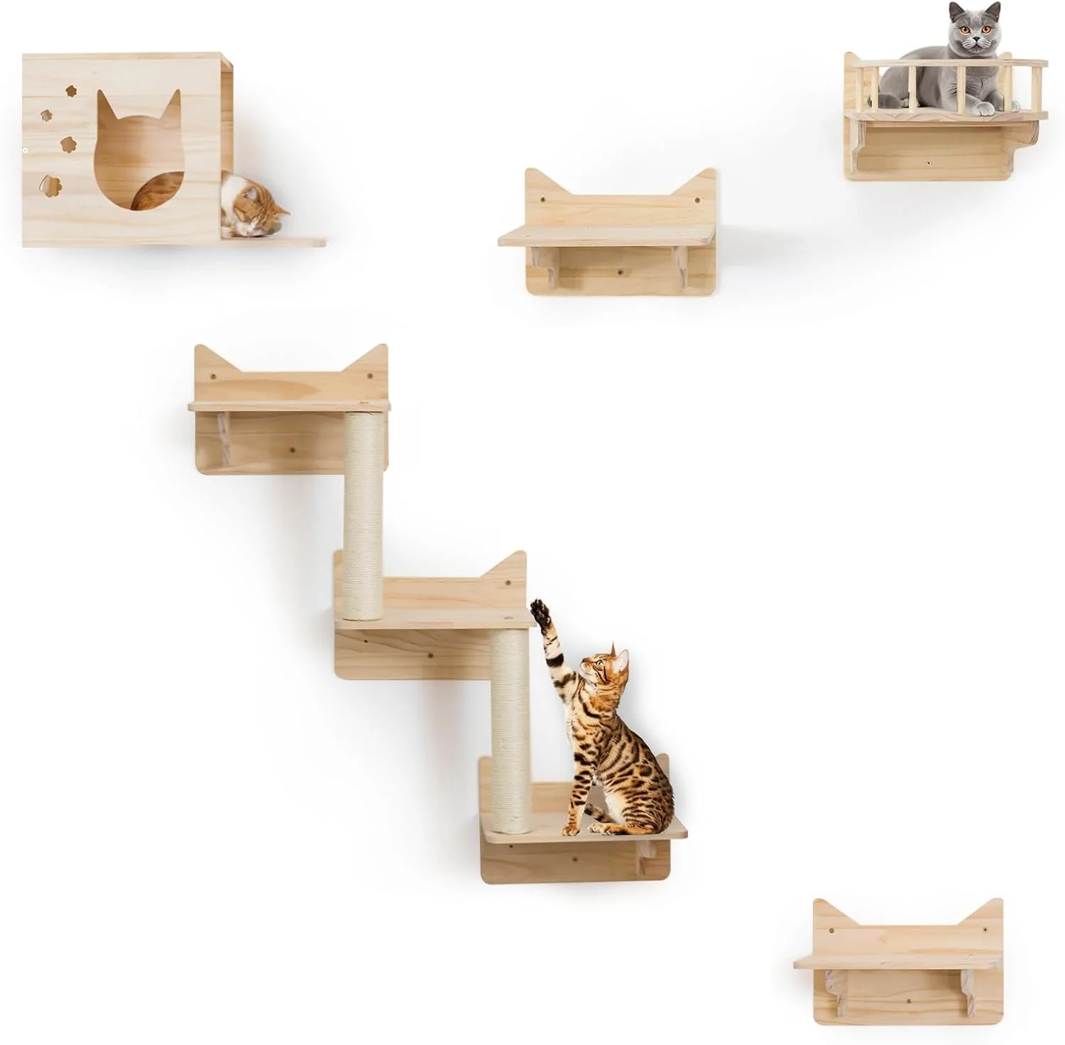 High-Quality 9-Piece Wall-Mounted Cat Shelves Set House Lookout Tower 2 Sisal Scratching Posts 5-Step Cat Wall Ladder Pine Furniture Extra-Wide Long for Large Cats Space-Saving Indoor Shelves Lightweight
