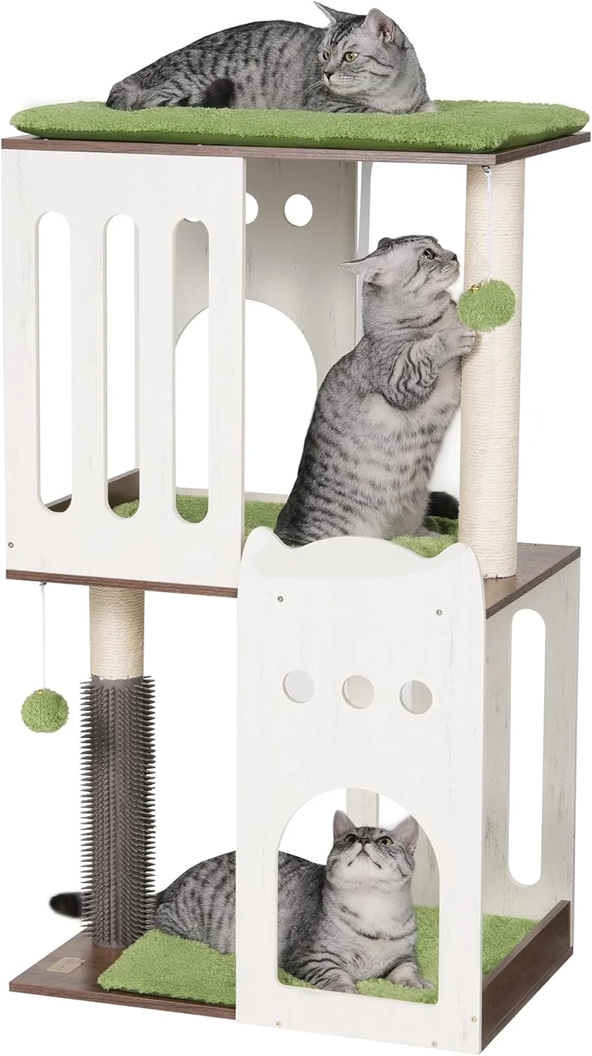 Exclusive FourFurPets 43.7in 3-Tier Modern Cat Tree Tower Condo Cat Scratch Posts for Indoor Cats Big Plate Two 19.7in Full Sisal Scratching Posts White Genuine