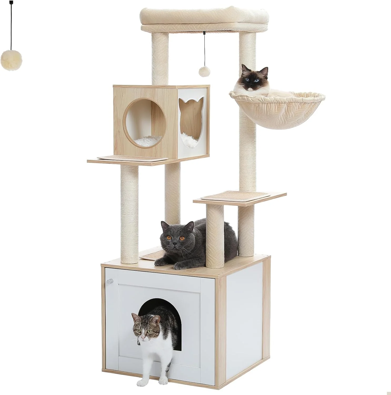 Top-Quality Tall Cat Tree with Litter Box Enclosure 56.7 Wooden Cat Tower for Large Cats with Cat Hammock House Bed Wood Beige Consistent
