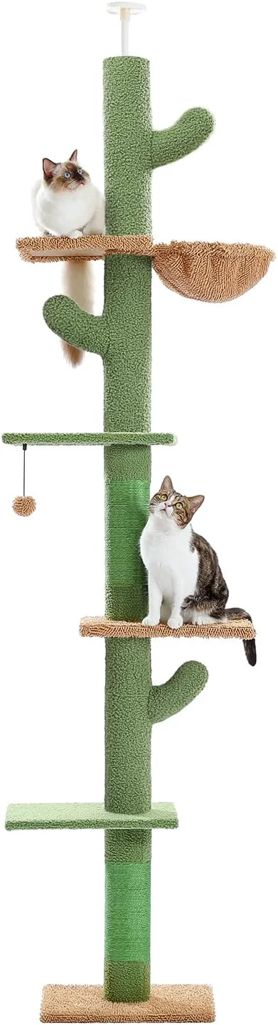 Superior PAWZ Road Cat Tree Cactus Floor to Ceiling Cat Tower with Adjustable Height 95-108 Inches 5 Level Cat Climbing Tower with Cozy Hammock Platforms and Dangling Balls for Indoor Cats Safe