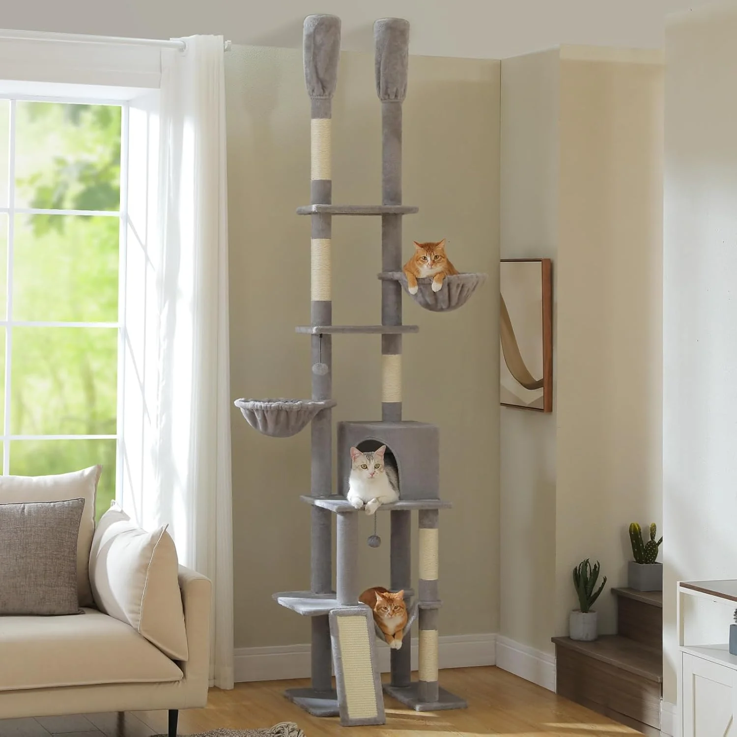 Efficient PAWZ Road Tall Cat Tree Floor to Ceiling Cat Tower with Adjustable Height 85-112 Inches 7 Tiers Climbing Tower with Cozy Hammocks 5 Platforms and Scratching Posts for Indoor Cats-Gray High-Performance