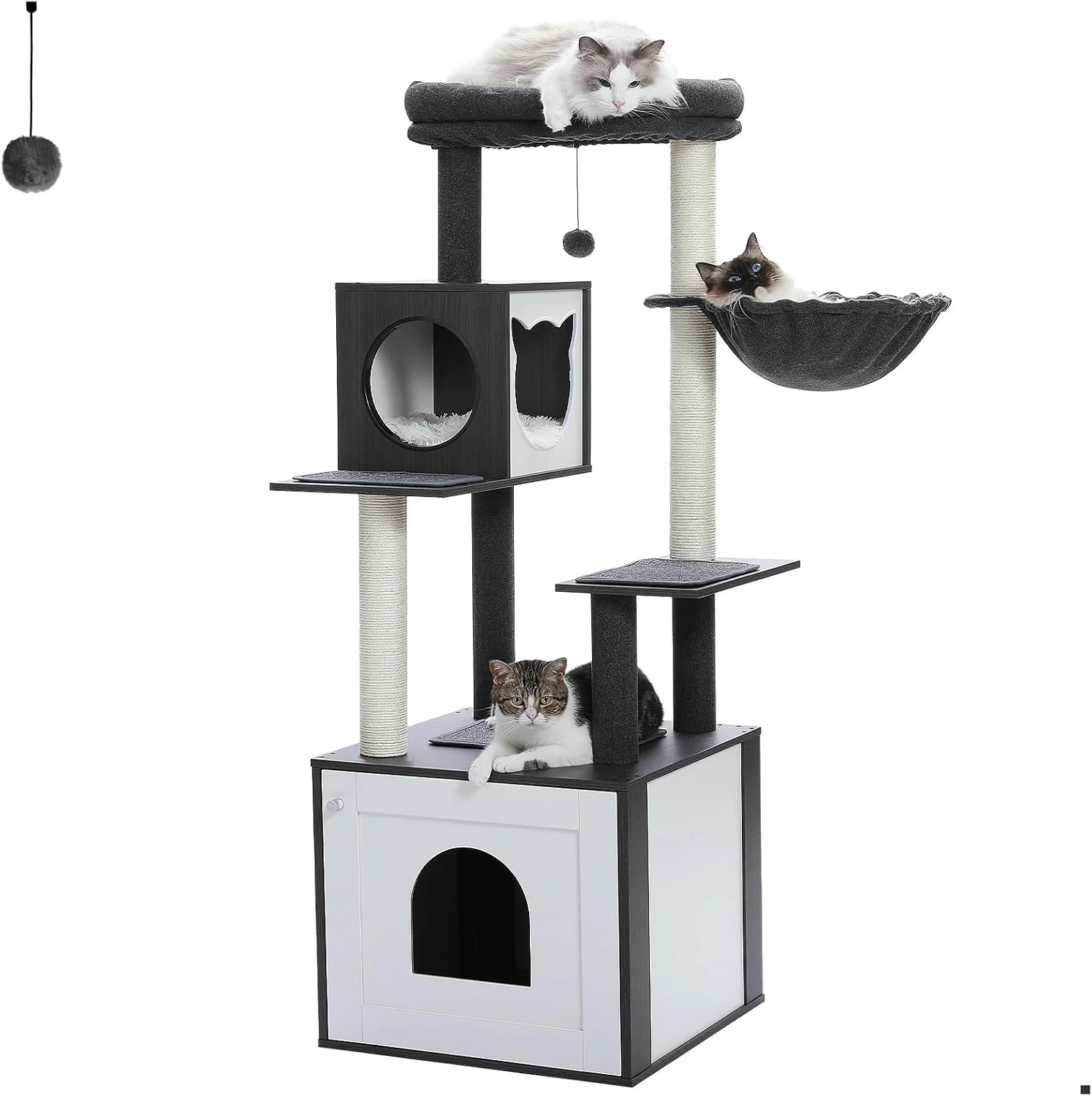 Trusted Tall Cat Tree with Litter Box Enclosure 56.7 Wooden Cat Tower for Large Cats with Cat Hammock House Bed Wood Black Smart