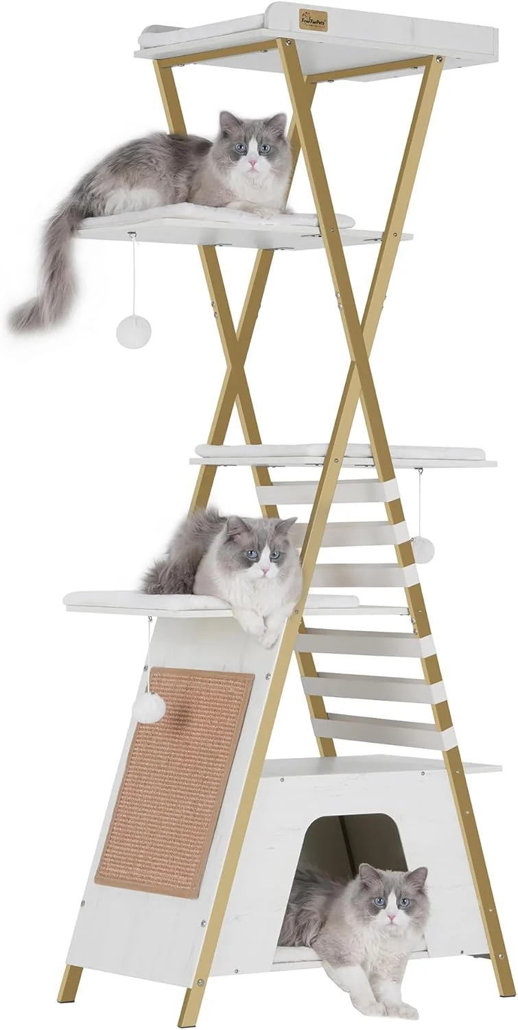 Elegant FourFurPets 72.4 Cat Tree Modern Cat Tower for Indoor Cats Multi-Level Cat Condo with Caves Tall Cat Tree with Cat Scratching Board Wooden Cat Tower with Large Perch Removable Pads White Consistent