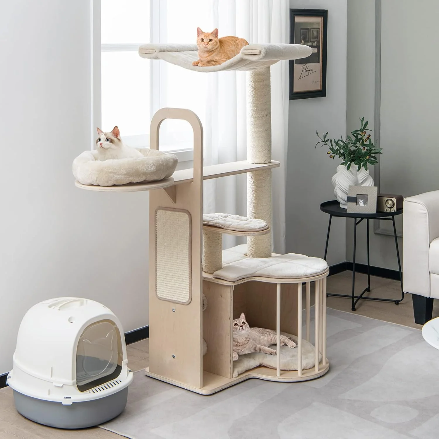 Premium Material Tangkula Wood Cat Tree for Indoor Cats 55 Inch Multi-Level Cat Tower Activity Center with Hammock Cat Condo Sisal Scratching Posts Washable Cushions Modern Cat Tree Houses for Large Cats Recyclable
