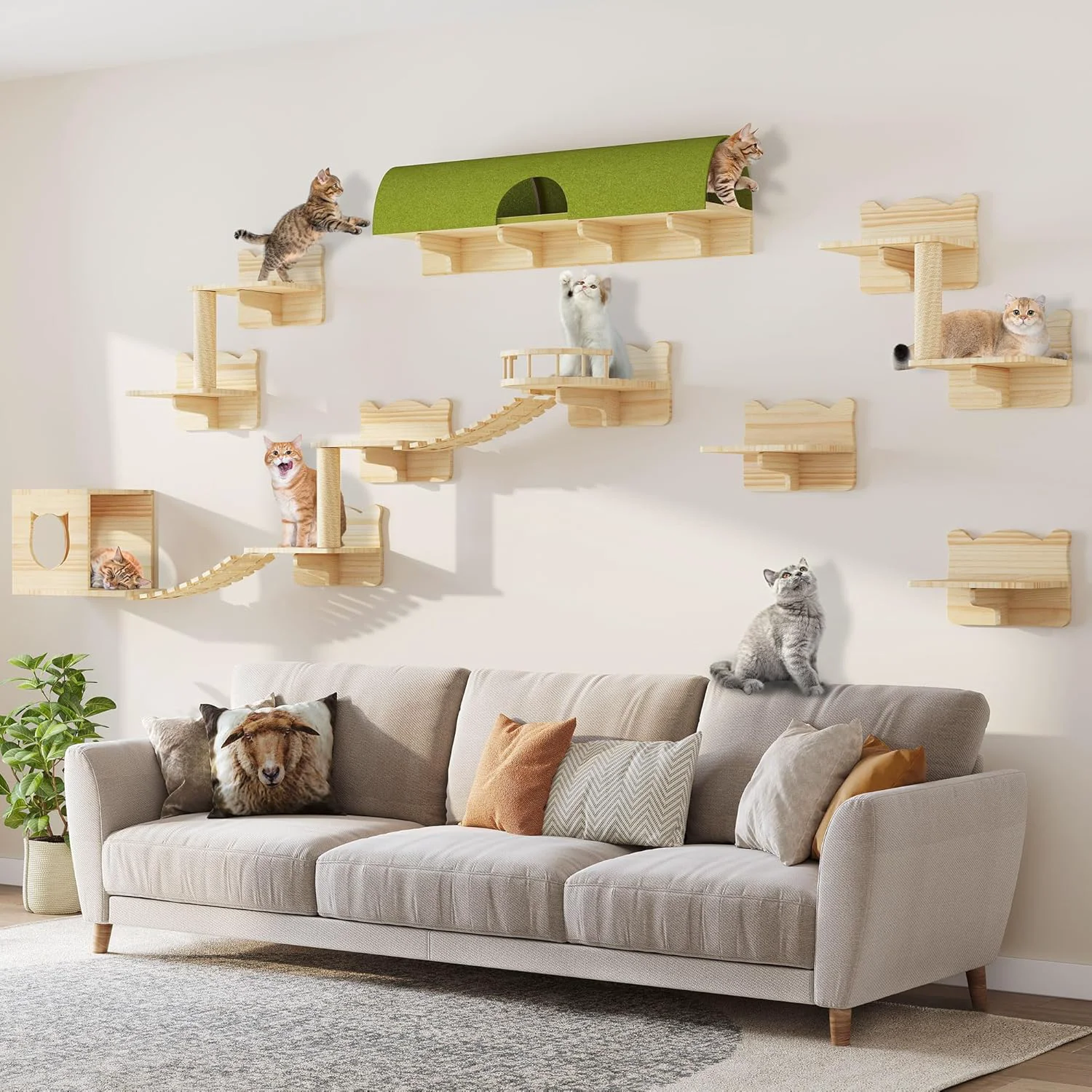Versatile Cat Wall Shelves Cat Wall Furniture Pine Wooden Feline Shelf 16 Piece Feline Shelves and Perches with Condos House Steps Bridge Ladder Scratching Post and Tunnel Top-Quality