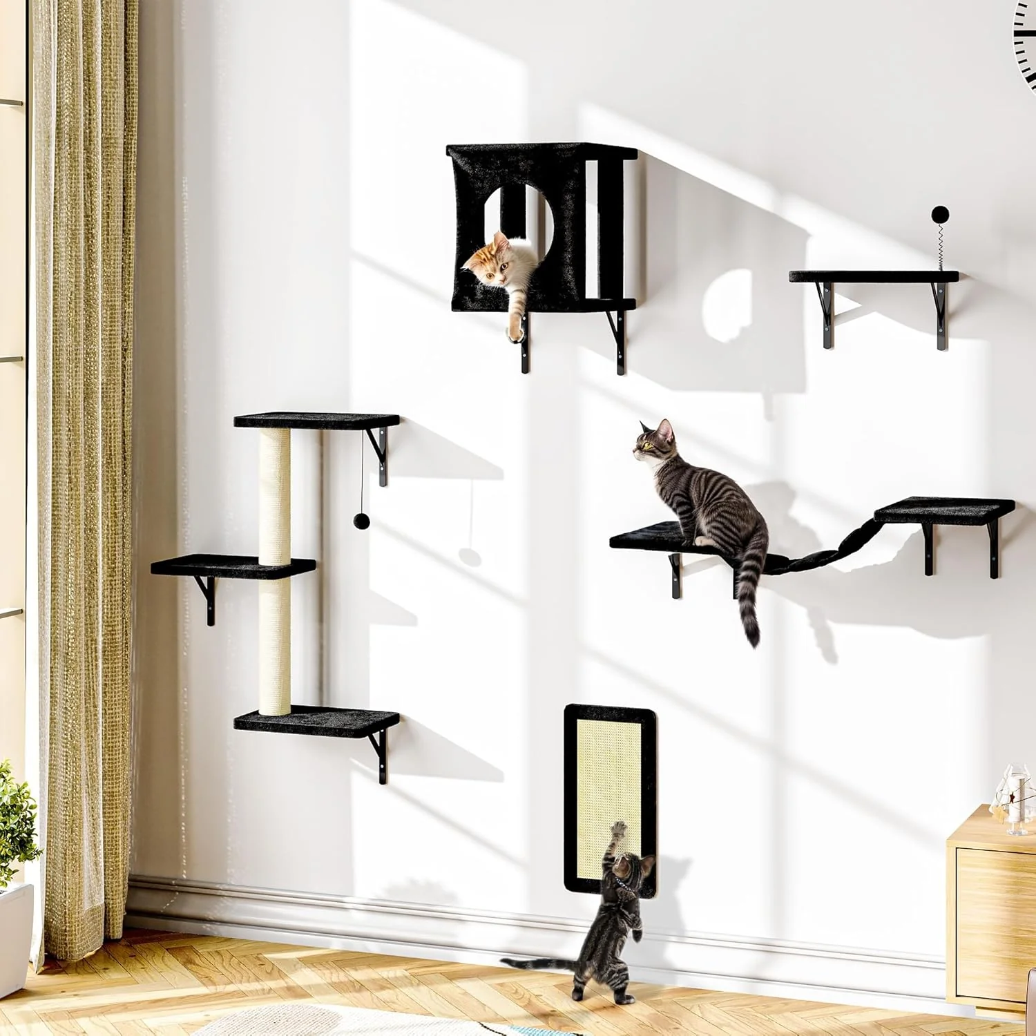 Efficient NUNU LAB Cat Wall Shelves Set 5 Pcs Wall-Mounted Cat Climber with Cat House Bridge Scratching Post Hammock Wall Shelves Black Breathable