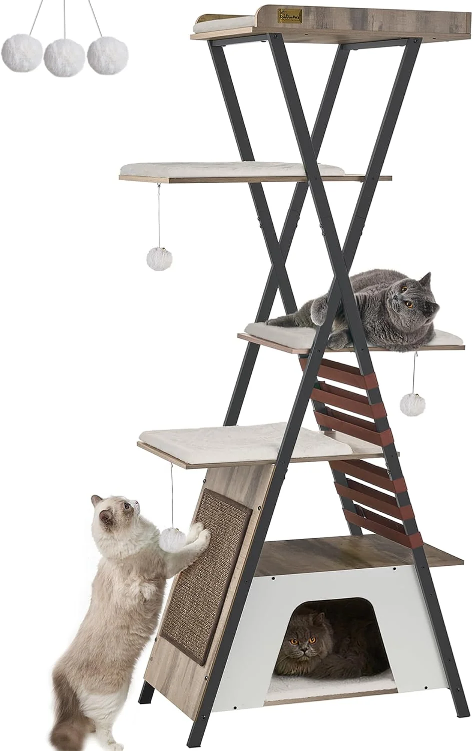Crafted FourFurPets 72.4 Cat Tree Modern Cat Tower for Indoor Cats Multi-Level Cat Condo with Caves Tall Cat Tree with Cat Scratching Board Wooden Cat Tower with Large Perch Removable Pads Camel Brown Breathable