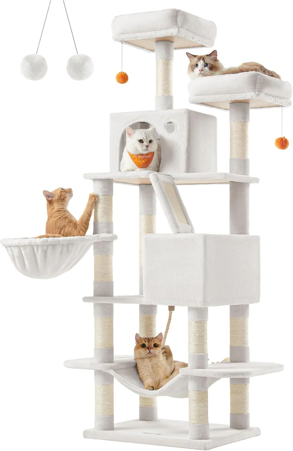 Healthy Feandrea Cat Tree 66.1-Inch Large Cat Tower with 13 Scratching Posts 2 Perches 2 Caves Basket Hammock Pompoms Multi-Level Plush Cat Condo for Indoor Cats Cream White UPCT165T01 Lightweight