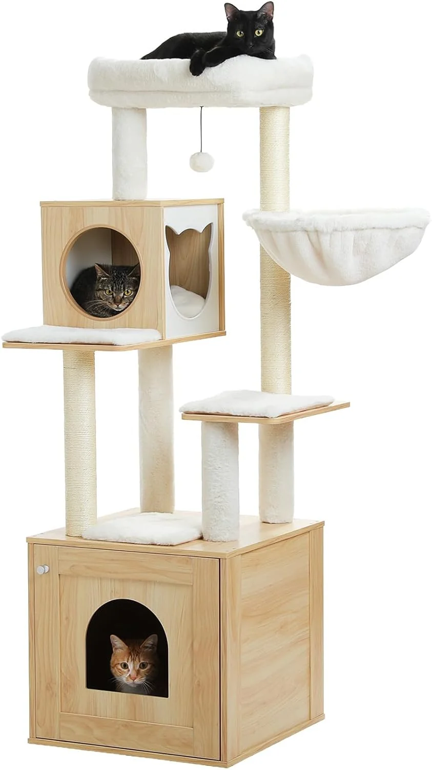 Original Tall Cat Tree with Litter Box Enclosure 57.5 Wooden Cat Tower for Large Cats with Cat Hammock House Bed Pure Beige Responsible
