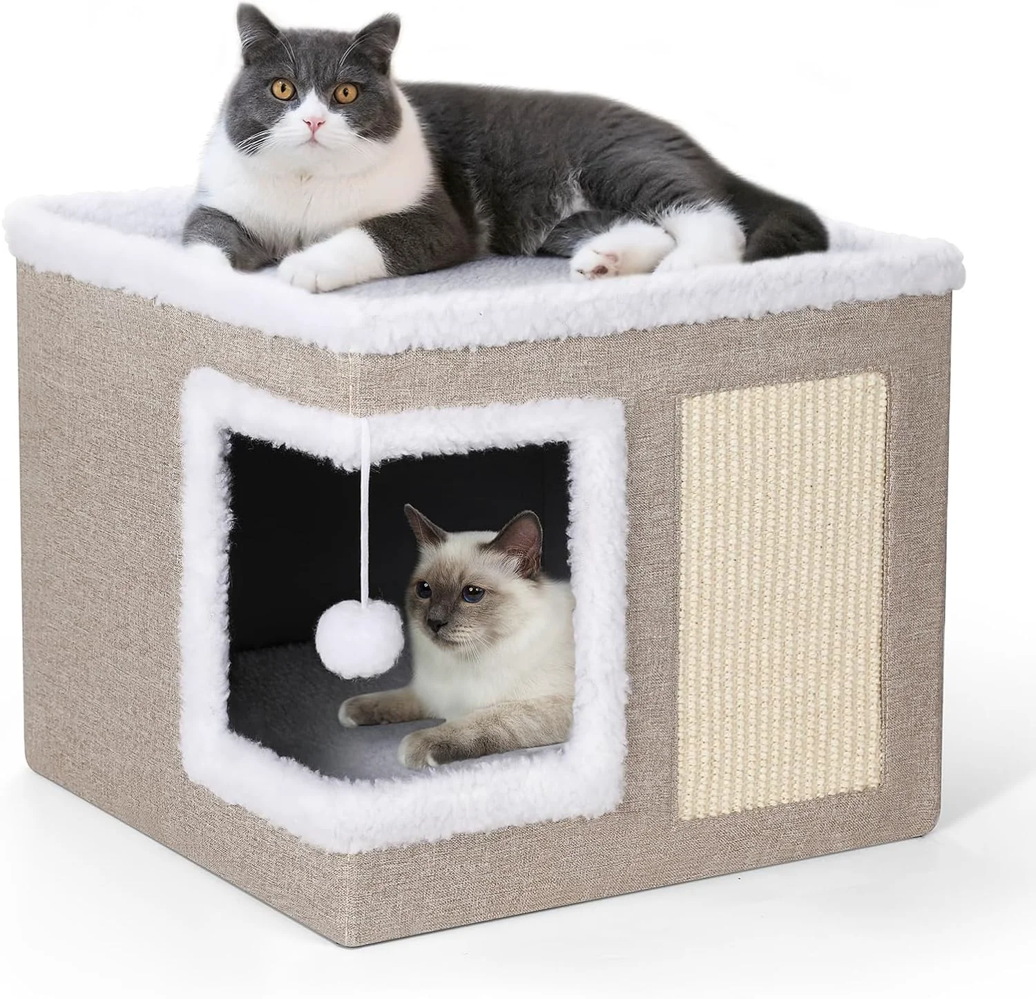 Elite petizer Cat Bed for Indoor Cats Large Covered Cat House with Scratch Pad Foldable Cat Cave Bed Hideaway Cube with Reversible Cushions Cute Cat Condo for Multi Small Pet Kitten Khaki Contemporary