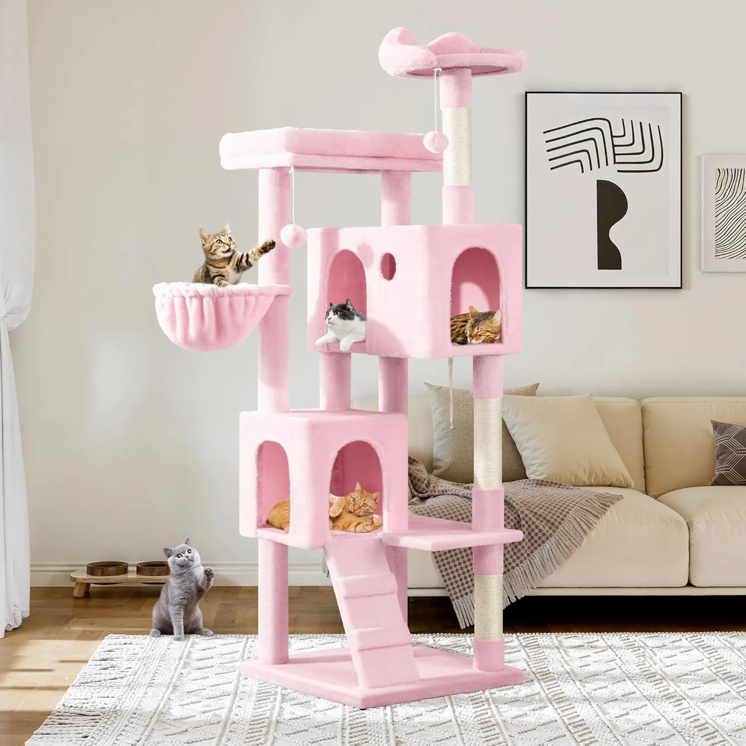Easy-to-Use Allewie 64 Inches Cat Tree Tower Multi-Level Activity Center for Indoor Big Felines 2 Plush Condos 2 Perchs Basket House Sisal Scratching Posts Hanging Cat Toys Pink Recyclable