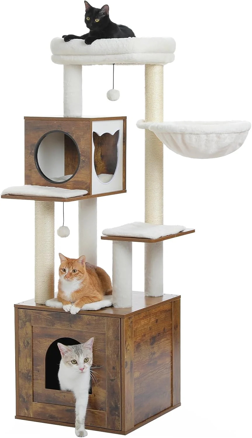 Refined Tall Cat Tree with Litter Box Enclosure 57.5 Wooden Cat Tower for Large Cats with Cat Hammock House Bed Wood Walnut High-Grade