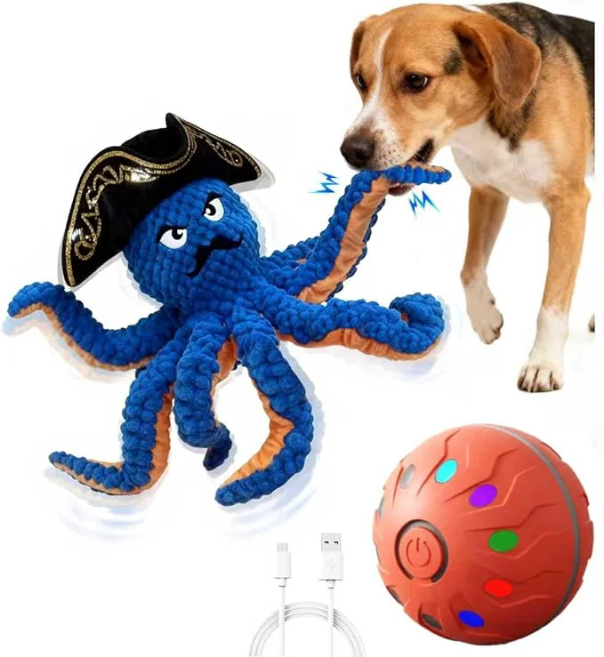 Authentic Octopus Dog Toy-Automatic Bouncing Ball Moving Chew Toy with Bouncing Ball Interactive Dog Toys for Small and Large Dogs Automatic Moving Dog Ball Toys Squeaky Tug of War Dog Toy to Keep Them BusyAbout This Eco-Friendly