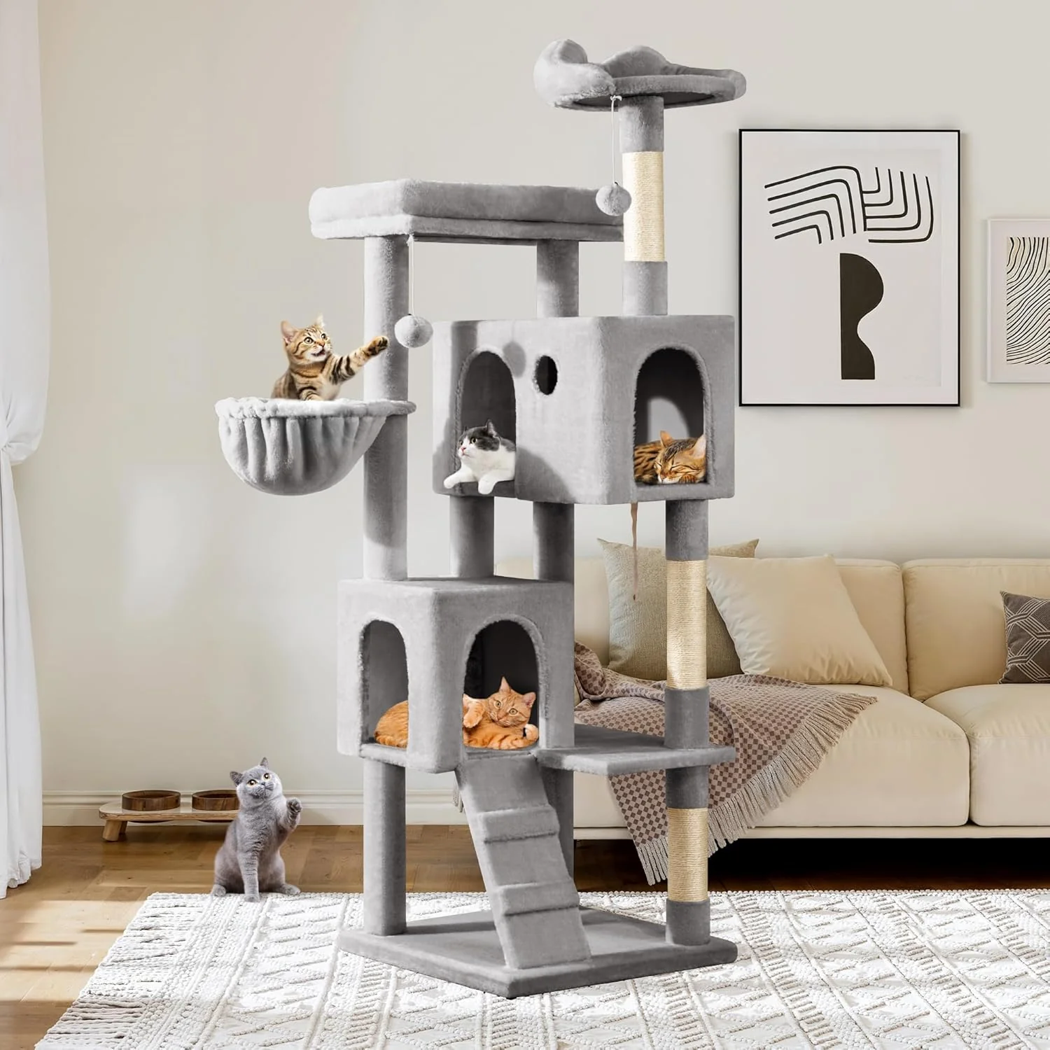 Original Design Allewie 64 Inches Cat Tree Tower Multi-Level Activity Center for Indoor Big Felines 2 Plush Condos 2 Perchs Basket House Sisal Scratching Posts Hanging Cat Toys Grey Fine