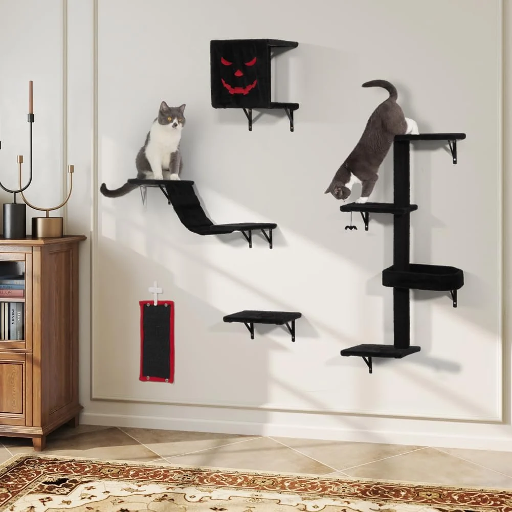 Breathable COZIWOW Wall-Mounted Cat Tree Space-Saving Feline Furniture with Multiple Levels Durable Scratch Post for Indoor Cats Black Red Fast