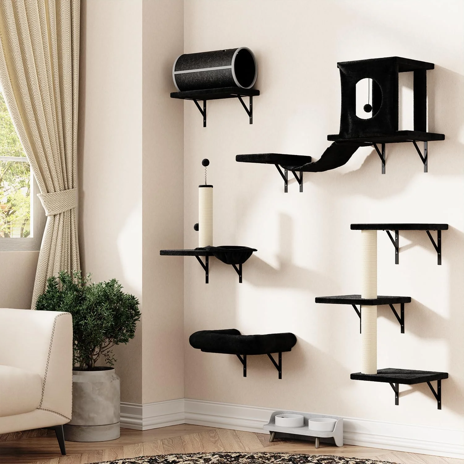 Breathable NUNU LAB 7-in-1 Wall Mounted Cat Climber Set Cat Furniture with House Tunnel Bridge Steps Scratcher Hammock Shelves for Indoor Black High-Performance