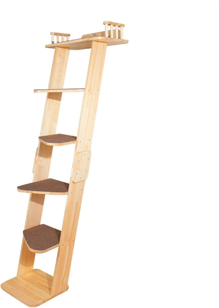 Comfortable Modern 70 Tall 6 Level Leaning Cat Climbing Ladder Tree Tower Condo with Large Perch Platform for Window Wall Solid Wood Cat Furniture Shelves for Multiple Cats Sophisticated